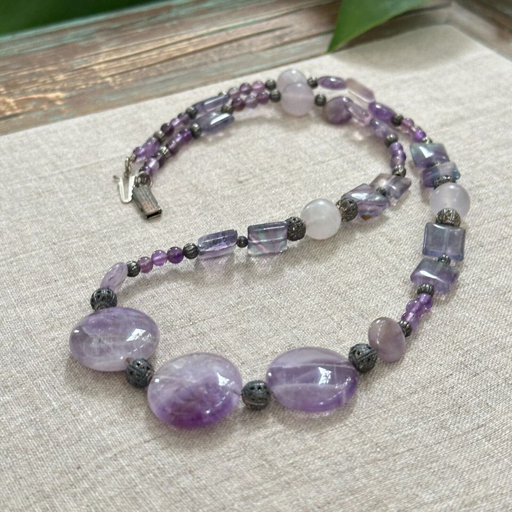 Vintage Amethyst & Silver Tone Round Square Beads Necklace Purple Blue White 21"